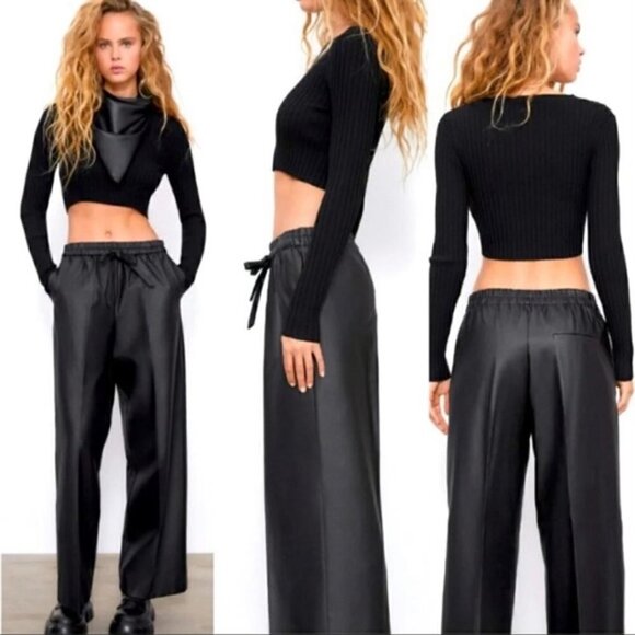 NWT Zara Waxed Effect Coated Wide Leg Pull On Elastic Waist Women's Pants XS - Picture 2 of 11